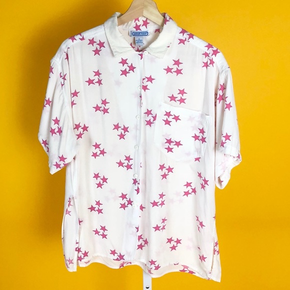 See Thru White Pink Star All Over Print Button-Up - Picture 2 of 6